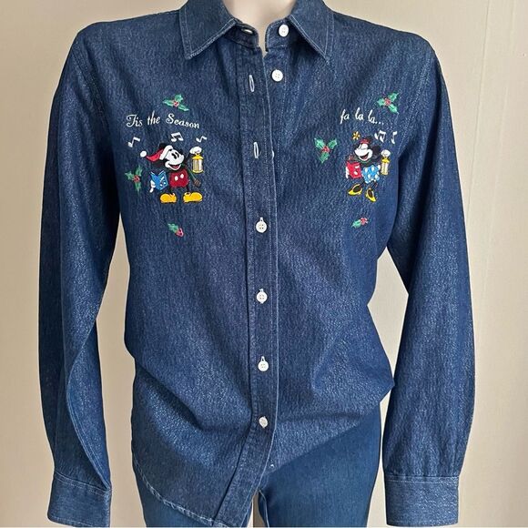 Vintage Disney Mickey Minnie Christmas Denim Shirt Medium Tis the Season - Picture 1 of 10